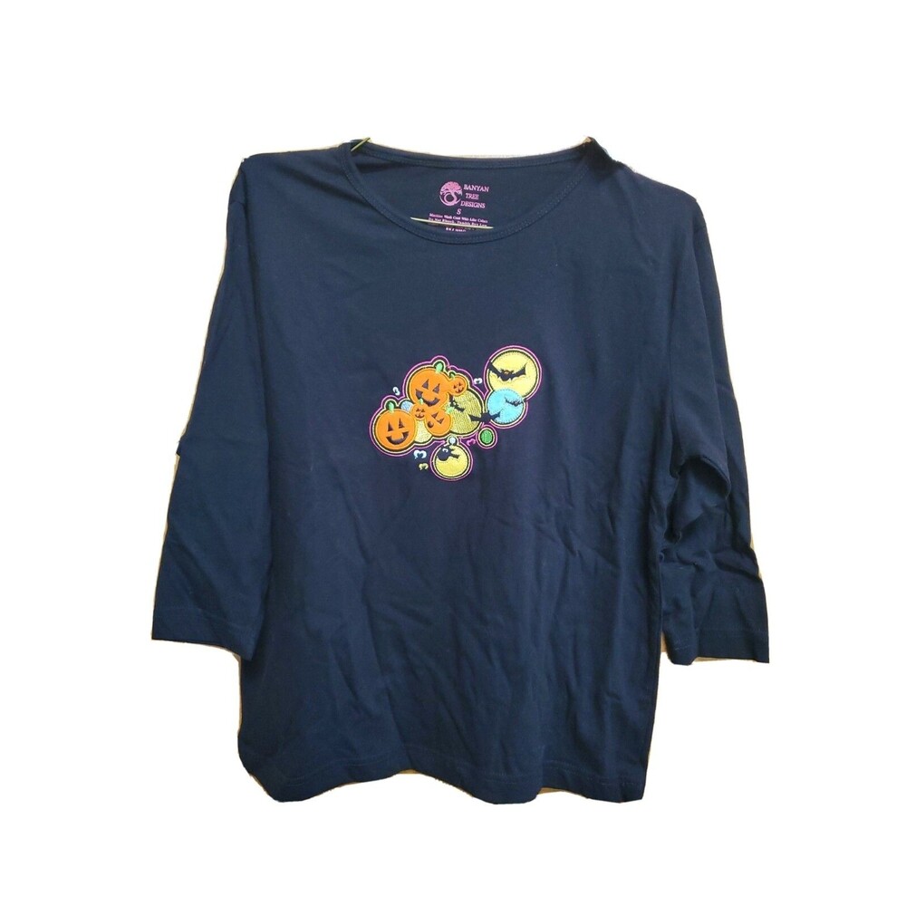 Misses Small black 3/4 sleeve Halloween shirt pumpkin Bat Moon